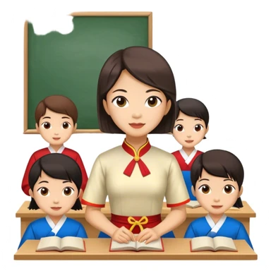 Draw me a female teacher wearing Vietnamese traditional dress teaching elementary school students. sticker