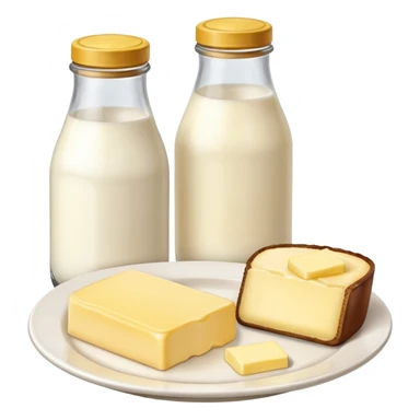 A one bottle of milk with a brown cap on the right and a piece of butter on a plate on the left sticker