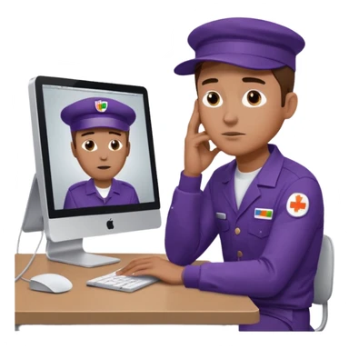 emoji of a man sitting at the table with an imac on it, a man is sitting in a very thoughtful pose, he has his hands on the table and his head resting on themб he look into the screen of imac, he is dressed in FedEx uniform with a cap sticker