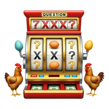 Slot machine with eggs instead of reels
— Cool visual metaphor: three eggs in a slot machine, with x's, question marks, money icons, chickens, etc. appearing on them. This immediately screams: “GAMBLING, TRY YOUR LUCK!” sticker