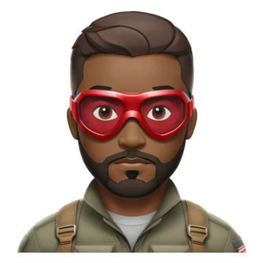 sam wilson with a very short hair close to the scalp and  a well-groomed beard that connects to his mustache,  wear sleek, red-tinted tactical goggles fit snugly from captain america: civil war sticker