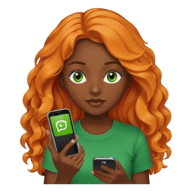Girl with dark long orange wavy hair, green eyes, and black t-shirt and phone with app on hand sticker
