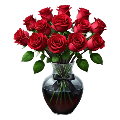 Hyperrealism, still life, black to red colorshifting bouquet of lush roses, black satin ribbon, translucent vase with water, on dark wooden table,  sticker