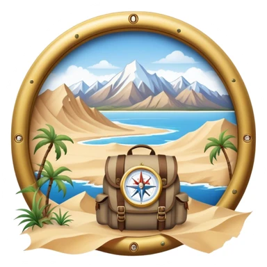 Icon for Expeditions: a compass, a map, a backpack and a rugged expedition jeep, set against a backdrop of snowy mountains, sand dunes and tropical islands. The icon should capture the spirit of adventure and exploration in diverse landscapes. Transparent background. sticker