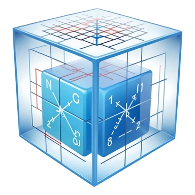 An icon featuring a transparent cube with geometric sections and mathematical calculations, symbolizing the study of mathematics. The design includes algebraic formulas, graphs, and mathematical symbols, representing advanced mathematical concepts and problem-solving. Transparent background sticker