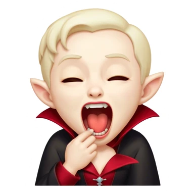 Cinematic Cute Yawning Vampire Portrait Emoji, with a small, rounded, charming pale face accented with tiny playful fangs and droopy, half-closed eyes, head tilted in an adorable wide yawn, dressed in miniature elegant dark attire with a hint of crimson, simplified yet irresistibly endearing, highly detailed with a soft, mysterious glow and gentle outline that captures the cute, drowsy side of an immortal! sticker