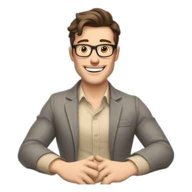 Joyful Celebrating victory Hands up Pale skinned Fit Man With dark brown hair in gray jacket, beige office shirt, Brown pants and vintage glasses sitting In a soft chair sticker