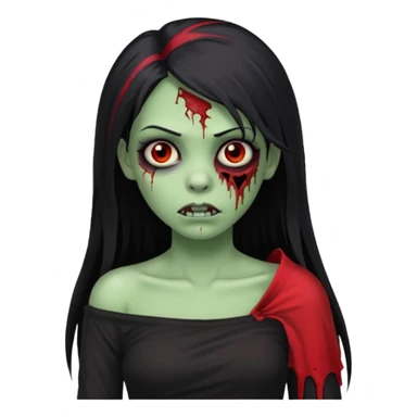 Garota zumbi com cabelo todo preto liso longo e mechas vermelhas na lateral da cabeça dos dois lados, usando uma blusa com um lado da manga caida preta  sticker