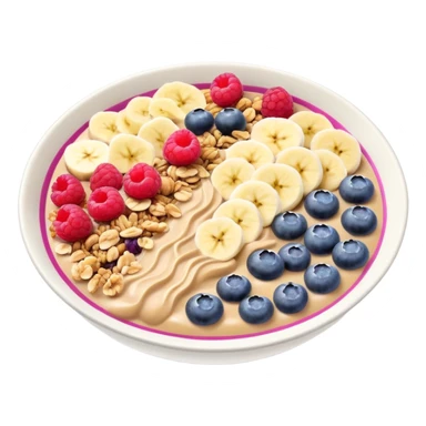 smoothie bowl with bananas, raspberries, blueberries, granola and peanut butter sticker