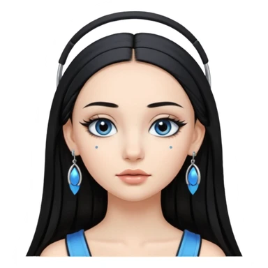 Girl with Black long straight hair with headband black one that puts hair pushed back winged eyeliner both upoer and lower line blue eyeshadow silver hoops  sticker