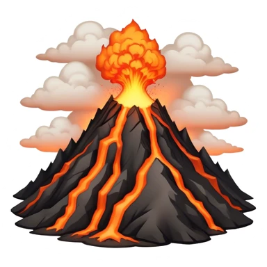 Cinematic Realistic Volcano Emoji, Powerful and awe-inspiring, with molten lava flowing from its jagged, smoking peak, casting an orange glow in the surrounding darkness. The landscape around it is barren and rocky, with clouds of ash rising into the sky. Soft glowing outline, capturing the essence of raw power and fiery energy in a towering volcano. sticker