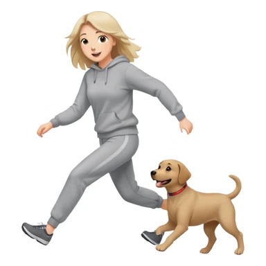 A beautiful girl with fair skin wearing a gray sweatshirt and sweatpants happily chasing a Labrador sticker