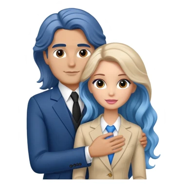 White Barbie girl Chestnut eyes blue long wavy hair In beige clothes, Hugs a man with brown hair, brown eyes and a black suit sticker