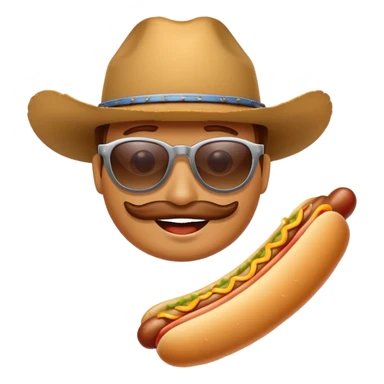 A hotdog with sunglasses and a cowboy hat sticker
