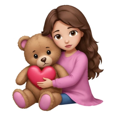 girl with long wavy brown hair, brown eyes, light to medium complexion, in a pink shirt, pink lips, long lashes, sad, hugging a teddy bear with a  heart sticker