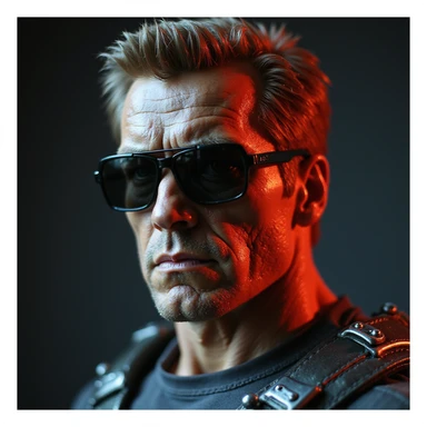 Terminator with sunglasses, realistic style, referencing the 'I'll be back' scene, metallic details, dramatic shadows sticker