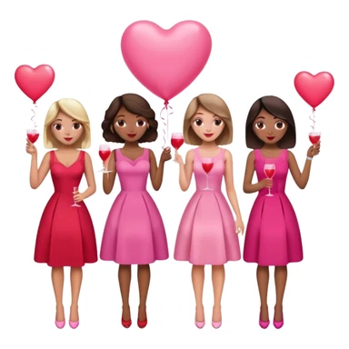 galentines party : they wea red and pink dresses, hold pink and red heart balloons and pink cocktails in their hands, there is a blond girl, a brunette, an asian, and a brown skin girl sticker