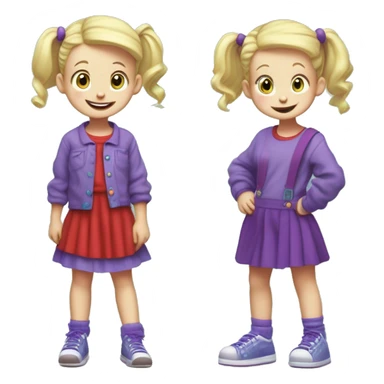 A little blonde girl with pigtails and little purple bows wearing a red long-sleeved shirt and purple overalls skirt with blue tights with green polka dots and purple sneakers, full body, rugrats sticker
