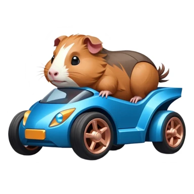 dark crystal blue and rosegold-accented cyber truck style-faceted-body electric racing car driven by a small cute but relaxed Guinea pig with rear spoiler, roll bar, and wheely bar sticker