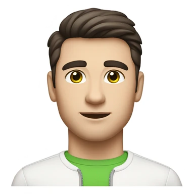 Man with short, dark brown hair with a minimal quiff and green eyes. Have friendly expression, be dressed in a white elegant shirt, and be shown with AirPods and MacBook sticker