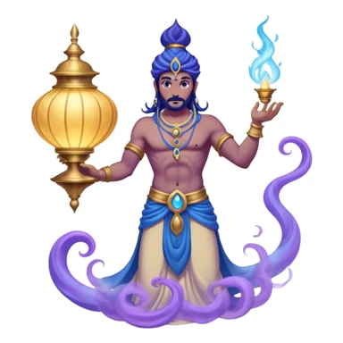 mystical fantasy illustration of a powerful jinn emerging from an ancient golden lamp. Glowing blue and purple smoke spirals upward in a smooth circular motion, creating the illusion of a looping animation.  sticker