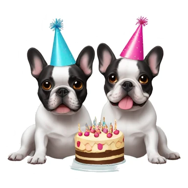 two french bulldogs birthday hats and cake sticker