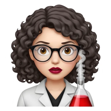 A crazy female scientist, with curly-wavy dark brown medium lenght hair, brown eyes and light grey glasses and pale skin and pinkish lips, dressed to look like an english teacher but in neutral tones like grey black white, maybe with the pop of dark red, she should look slighltly mad/crazy sticker