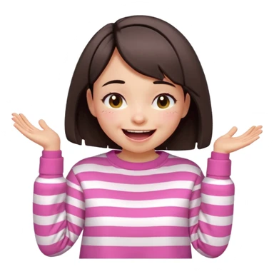 Emoji of a cute 3D girl with short dark brown bob hairstyle, wearing a pink and white striped sweatshirt. She is laughing uncontrollably, tears of joy, white background sticker
