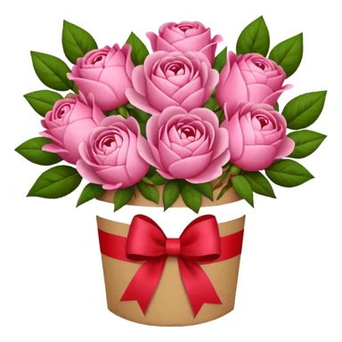 Bouquet of pink flower like rose and peony wrapped in kraft paper with red bow sticker