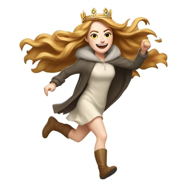 Emma Stone running, with a large stride and arms outstretched, wearing an icicle crown and winter cloak, long golden brown hair sticker