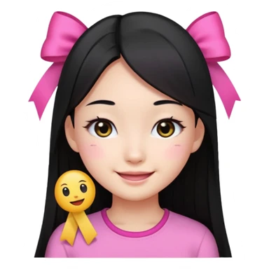 Korean girl with long straight black hair and black eyes, smiling, emoji style sticker