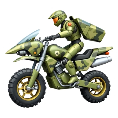 a 4-wheel camouflage army massive mech motorcycle shooting forward side-hill active suspension enemy mech off-road racing motorcycle with large fast engine  sticker