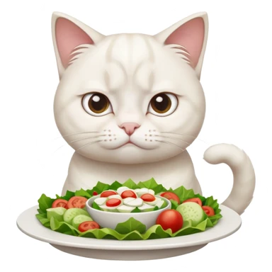 grumpy white cat sitting at a table, looking confused with its ears slightly back. In front of the cat is a plate with a salad sticker