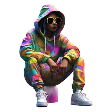 Multicoloured neon person smoking wearing patchwork patterned hippie groovy retro hoodie dancing hip hop bucket hat tropical Skater fashion aesthetic baggy clothes graphic t shirt 420 sticker