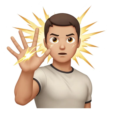 person aiming open palm hand at viewer, hand takes up most of the image, wrathful destructive facial expression, lightning blasts in background sticker