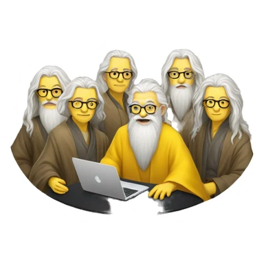 group of gandalfs, round yellow table, yellow clothes, glasses, macbooks sticker
