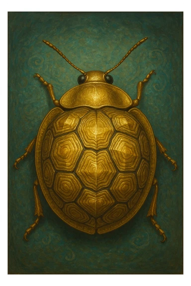Golden Tortoise Beetle with a tortoise shell-like carapace, unique and surreal art style, intricate details, vibrant gold hues, surreal and imaginative design sticker