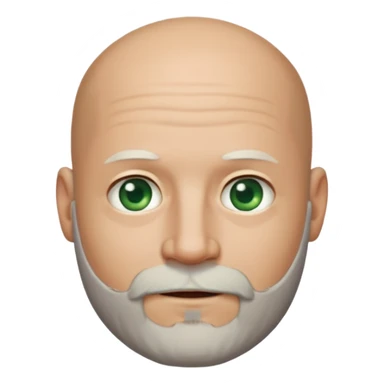 a man with light skin, a bald head, and a well-maintained beard that is darker at the top and greying towards the chin. He has striking light green eyes and a subtle, closed-mouth smile. The lighting highlights his face, and the background is softly blurred, suggesting an indoor setting. sticker