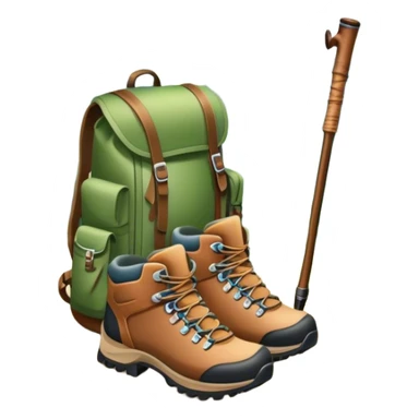 Icon for Hiking: a pair of hiking boots, a backpack, a walking stick, and a mountain trail surrounded by trees. The icon should capture the adventure and serenity of hiking in nature. Transparent background. sticker