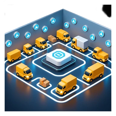create a realistic emoji of a futuristic warehouse automation. A autonomous trucks, smart drones, and glowing data networks can be part of it as well — cinematic lighting, innovation atmosphere. sticker