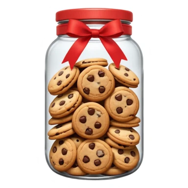 A chewy chocolate chip cozy cookie in an organized jar, saying "Cookie Jar" with some small illustrations on the jar to indicate there are cookies stored inside, a big red ribbonon the lid sticker