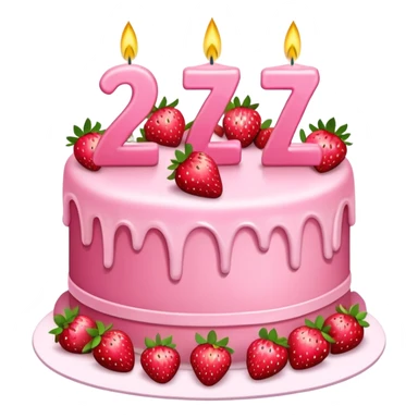 Pink cake with strawberries, the #27 on it and candles sticker
