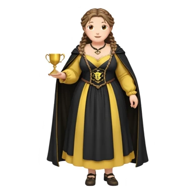 Helga Hufflepuff,brown-haired,2 braids,yellow-black medieval open dress,deep neckline,fat macromastia,black cloak decorated with gold braiding,gold cup with two handles,very kind smile,curvy busty,round rosy cheeks,full length with medieval shoes, inscription in pink heart says:"I love HELGA" sticker