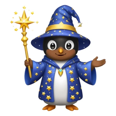 penguin wizard casting a sparkling spell, wearing a starry robe and hat, emoji style sticker