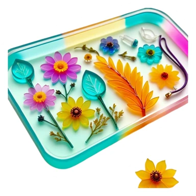 Epoxy resin art icon, jewelry and decorative items made with fluorescent epoxy resin, glowing effect on the resin, finished resin jewelry with dried flowers embedded inside, visible tubes of resin with bright colors, mixing tools, and molds, minimalistic style, clean lines, transparent background sticker
