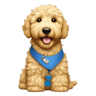 Light fur Golden doodle with blue collar and yellow tag sticker