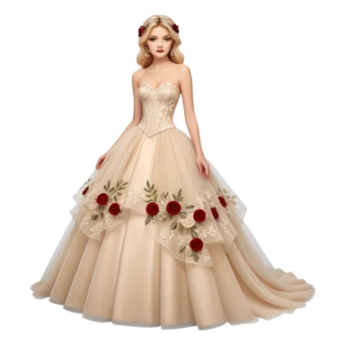 A luxurious strapless A-line wedding gown featuring a sheer lace corset bodice with structured boning, intricate floral embroidery, and a flowing layered tulle skirt adorned with delicate 3D floral appliqués for a soft, romantic, fairytale look. sticker