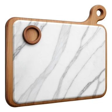 white marmor cuttingboard with a wooden grip handle on top all along the top sticker
