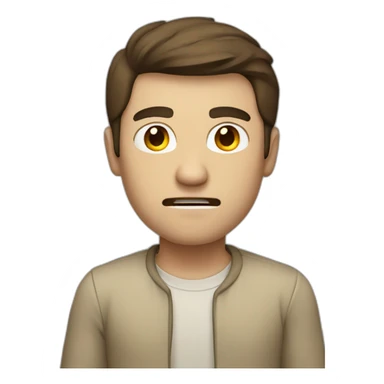 Man with brown hair with beige clothes with angry face sticker