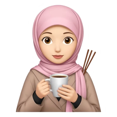 A hijabi girl with light pink hijab and tanned skin holding coffee in one hand and chopsticks in other. Only upper portion of the body shown in IOS format sticker